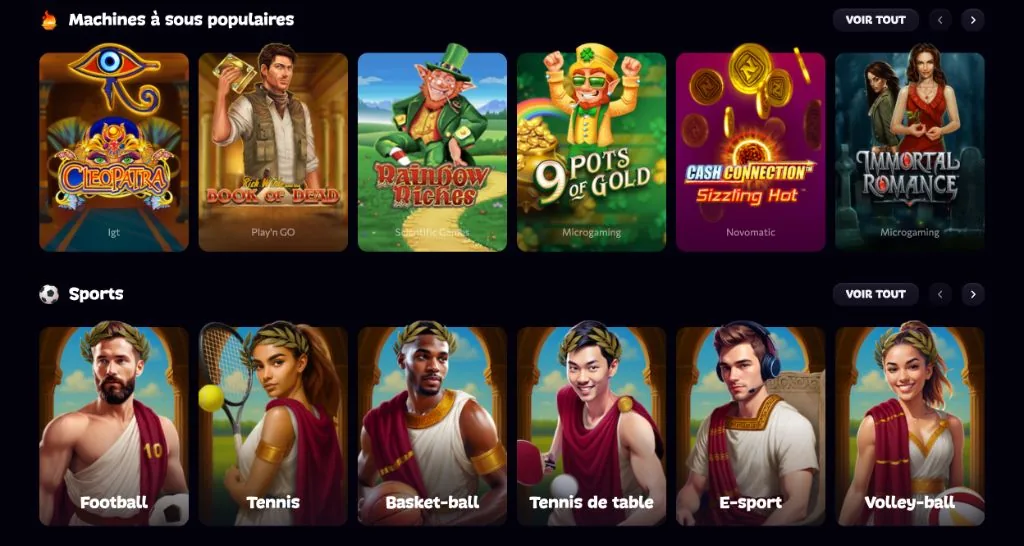 Interface Aphrodite Casino — machines à sous populaires, casino en direct et sports